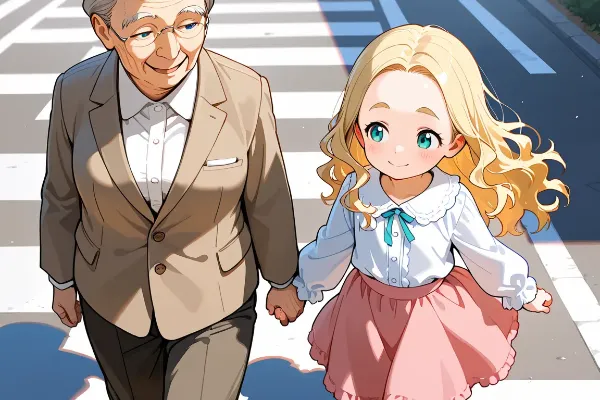 お婆さんと手を繋いで横断歩道を渡ってあげるおでこちゃん