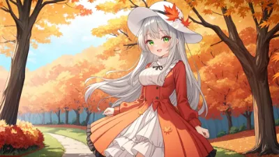 紅葉舞う秋の森で出会った銀髪の少女