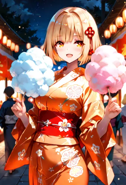星空の祭りで綿菓子を手に
