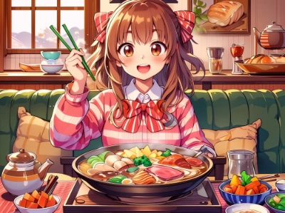 鍋料理を食べる女の子