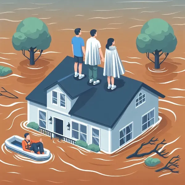 浸水した家の屋根で救助を待つ人たちのフリー素材