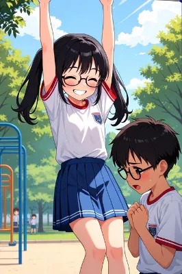 鉄棒遊び元気眼鏡っ娘と男の子