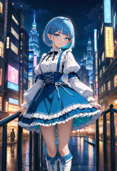 青い髪の少女とネオン街の夜