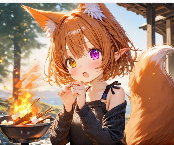 9枚）焚火とケモ耳エルフさん