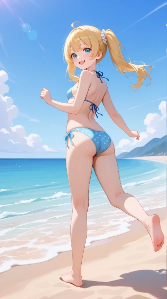 海でおおはしゃぎの彼女