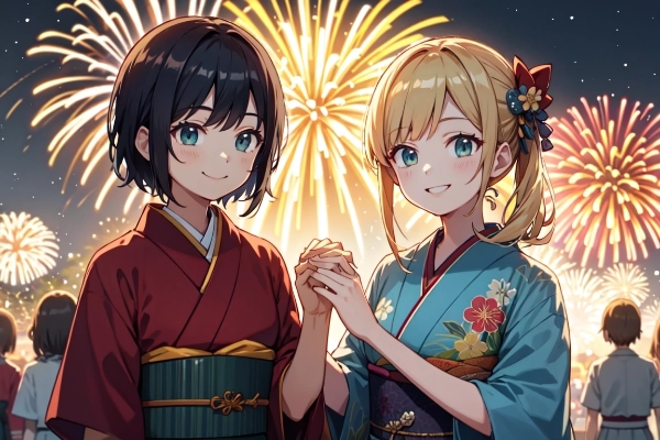 来年も2人でこの花火を見よう・百合（10枚）レトロモダン街シリーズ・その19