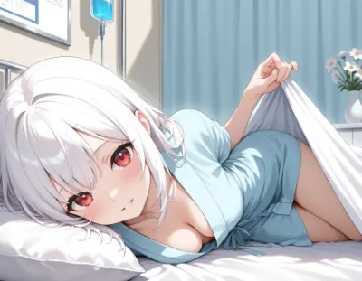 病室のベッドで微笑む白髪の少女