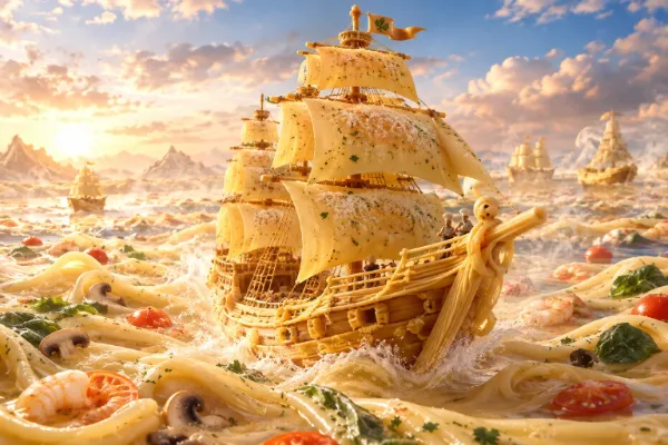 パスタの海を征く黄金の帆船