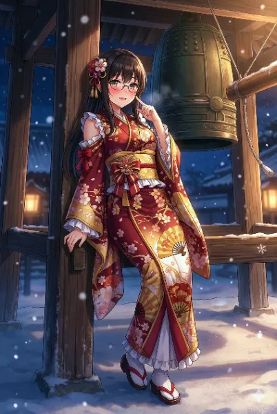 雪夜の鐘に寄り添う着物娘