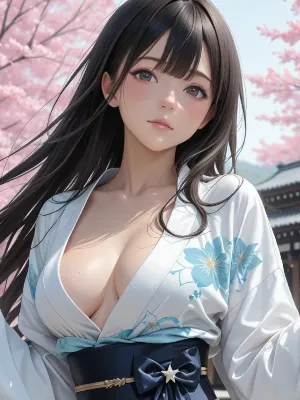 桜の下に立つ白い着物
