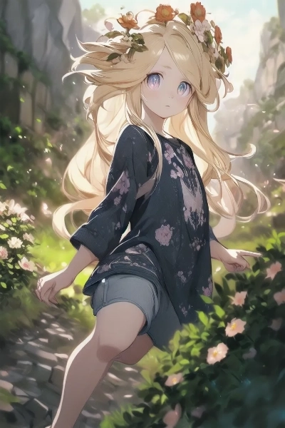 遺跡を散策する金色の髪の少女