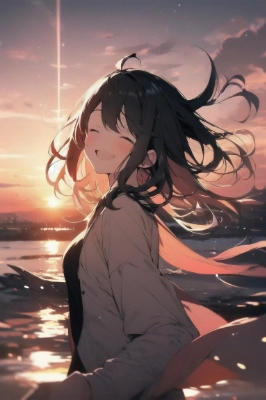 夕日と笑顔の彼女