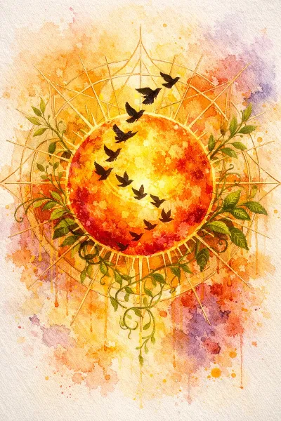 黄金の太陽へ羽ばたく鳥の旅