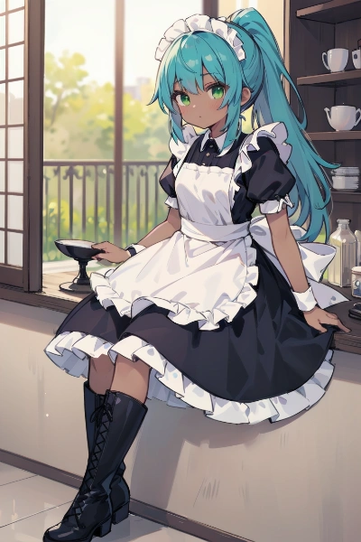 ブーツな青ポニテメイドちゃん