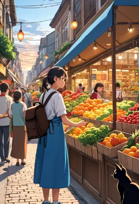 夕暮れ市場の果実少女