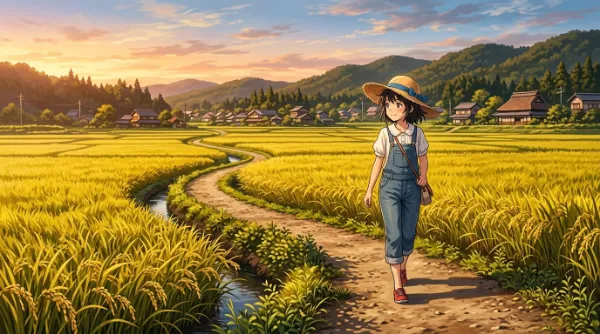 夕陽の稲穂に包まれる少女の帰り道