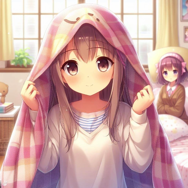 毛布を頭からかぶる女の子