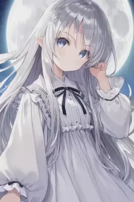 月を背景に立つエルフ耳の女の子