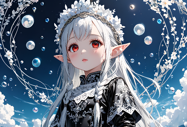泡と花に包まれる白銀のエルフ