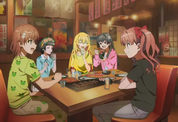 焼肉パーティーする超電磁砲の5人