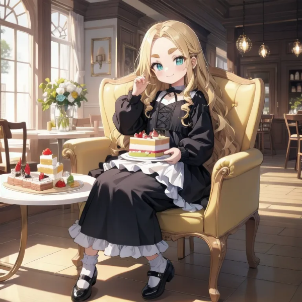 おしゃれな服を着てお洒落なお店でおしゃれなケーキを食べるおでこちゃん