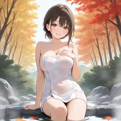 紅葉の湯に微笑む少女
