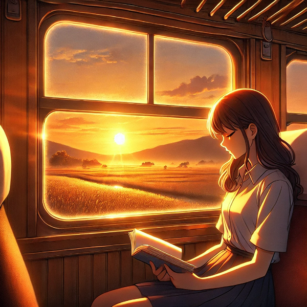 夕焼けに照らされる列車の窓際で、本を読む女性