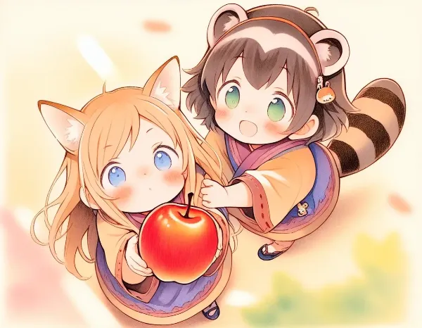 コン子とポン子・山でリンゴを採った