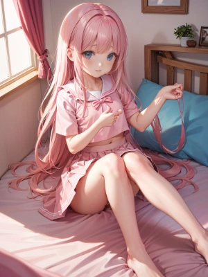 ピンクのへそ出し女子高生
