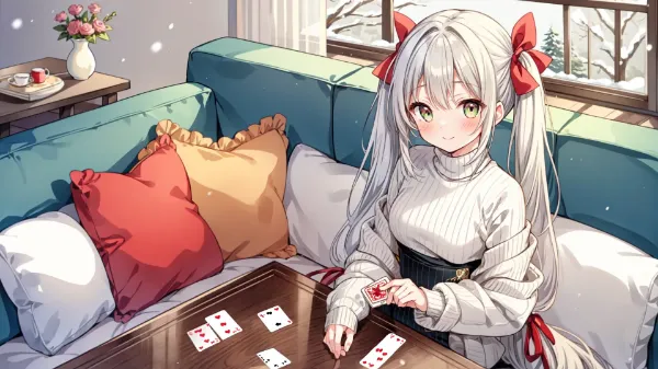 雪降る窓辺のカード遊び