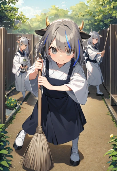 箒で掃除をしている牛娘