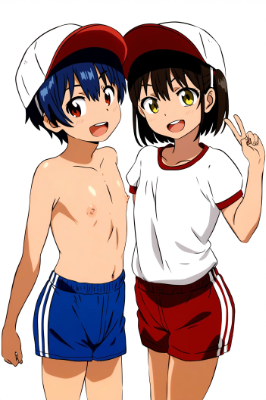 男子は上半身裸+短パン、女子は半袖+短パンで体育