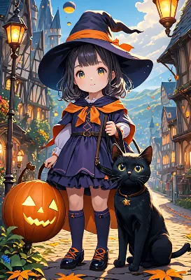 魔女っ子と黒猫のハロウィン散歩