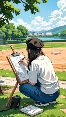 スケッチする美大生の女性