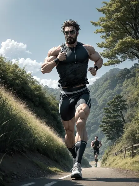 緑の中を走るマッチョ