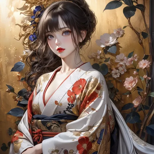 金色の花に囲まれた着物美女