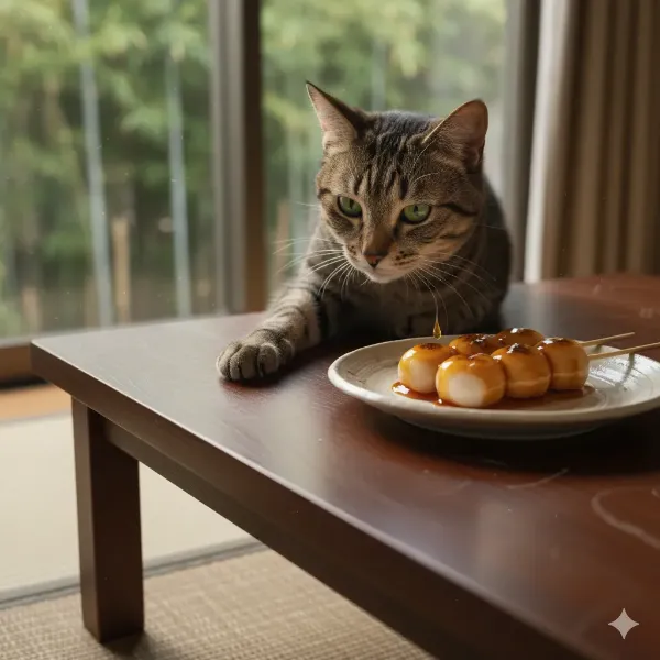 甘い団子の誘惑に負けそうな猫の午後