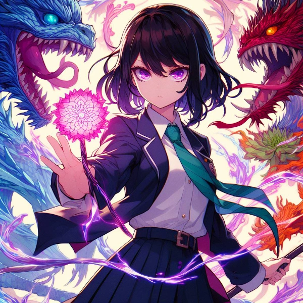 モンスターと戦う、黒髪セミロング少女！！（４枚）