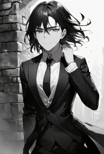 モノクロな黒髪ロング男性と廃墟（４枚）