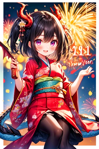 【R15】お正月の辰な黒髪ツインテール少女★(52枚)あけましておめでとうございます2024