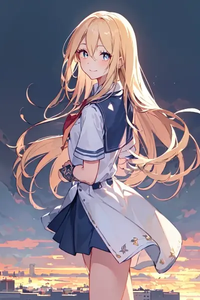 夕暮れに佇む金色の髪の少女