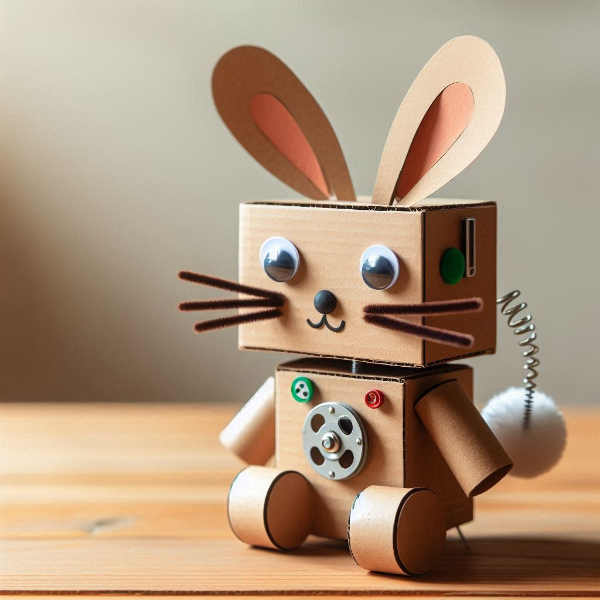 段ボールで出来たウサギのロボット