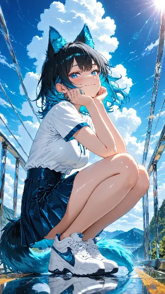 青空の橋で微笑む狼耳少女