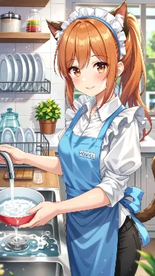 皿洗いをする猫耳家政婦