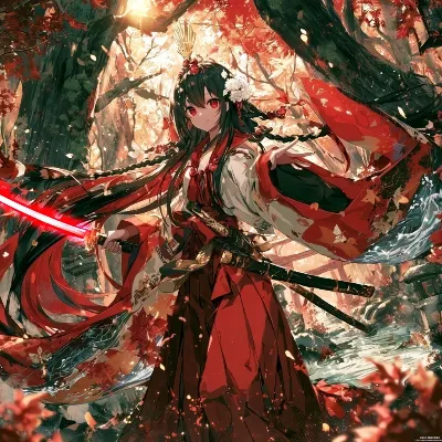 紅葉の森に輝く紅蓮の剣巫