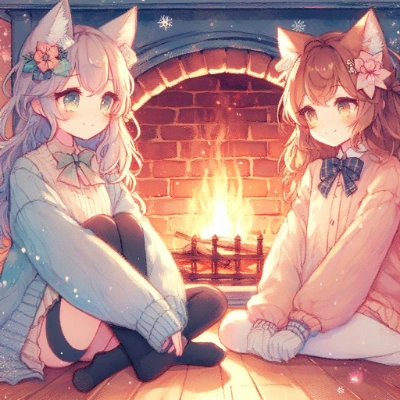 猫耳女子と暖炉