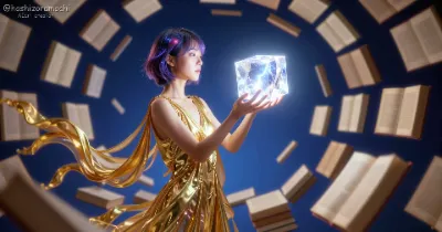 叡智の図書館：金色のドレスの少女と宙に舞う魔導書