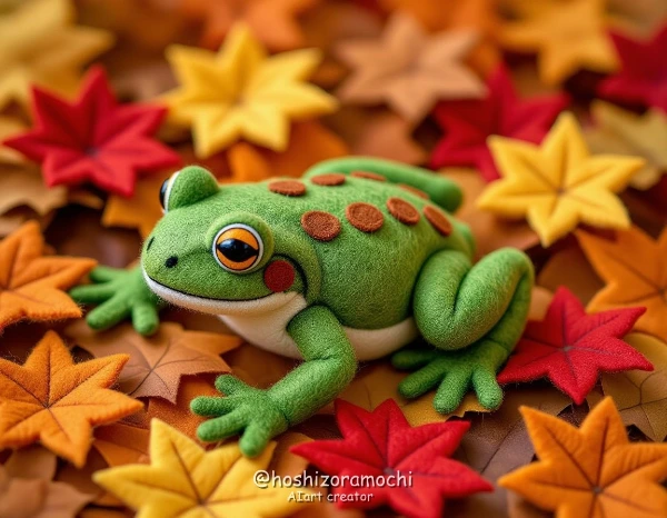 フェルトの落ち葉の上で、お昼寝するもこもこガマ - A fluffy frog taking a nap on a pile of fallen felt leaves