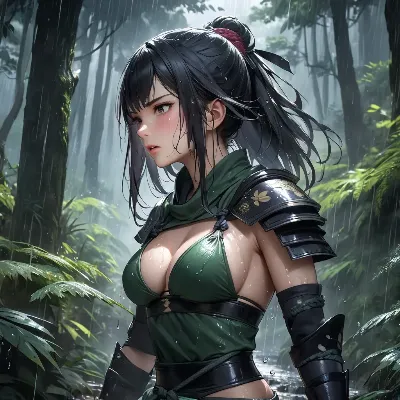 雨の森に立つ女戦士