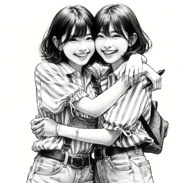 A sketch of two young Japanese sisters